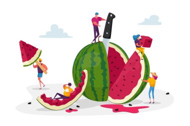 Minik Karakterler Taze Dev Olgun Karpuz 'un tadını çıkarıyor. Yaz, Meyve ve Dondurma Yiyen İnsanlar Grubu