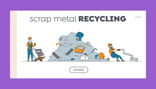 Μεταλλικό Junk επαναχρησιμοποίηση, Scrap Metal Landing Page πρότυπο. Χαρακτήρες εργαζομένων τραβώντας παλιό πλυντήριο να Scrapmetal χωματερή — Διανυσματικό Αρχείο
