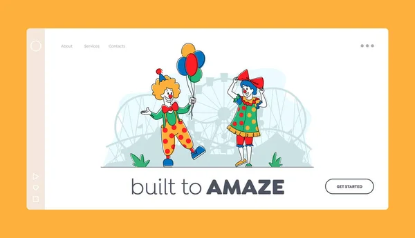 Komik klaun w wesołym miasteczku Landing Page Template. Big Top Uśmiechnięty Joker Postać z Balonami. Wykonawcy cyrkowi — Wektor stockowy