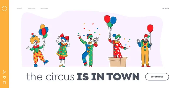 Wielki szablon Top Circus Clowns Landing Page. Śmieszne karnawałowe postacie lub błazny w jasnych kostiumach, Periwig — Wektor stockowy