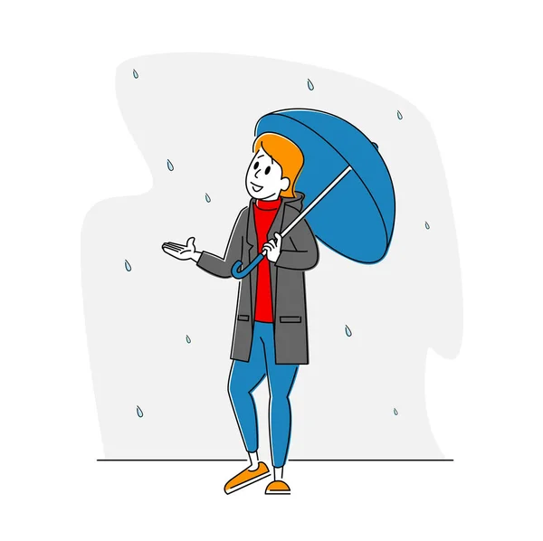 Mujer Ciudad Habitante Personaje Hold Umbrella Catching Rain Drops Falling from Sky. Primavera u Otoño Clima de temporada de lluvias — Archivo Imágenes Vectoriales