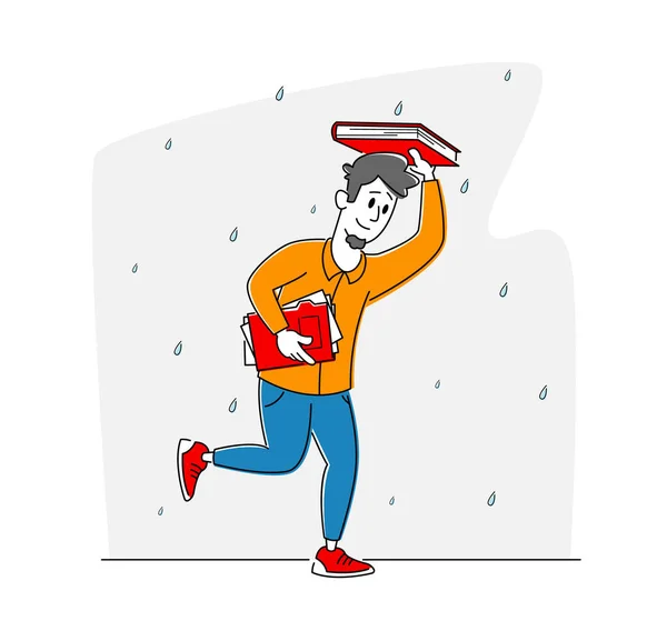 Durchnässter männlicher Passant läuft bei Regen ohne Regenschirm, Mann bedeckt Kopf mit Buch vor kaltem Wasser, das vom Himmel regnet — Stockvektor