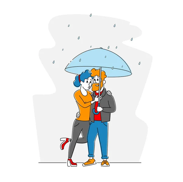 Happy Loving Couple knuffelen Wandelen in de regenachtige herfst Weer onder paraplu, Mensen spreken, Genieten van relaties, Liefde — Stockvector