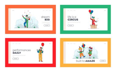 Büyük Sirk Palyaçoları İniş Şablonu. Parlak Kostümlü Şakacılar veya Soytarılar Sahnede Gösteri Yapıyor