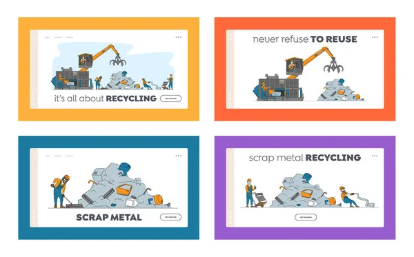 Scrapmetal Recycle Industry Landing Page Template Set 의 약자이다. 정크 야드 에 오래 된 금속과 부서진 테크 니케 를 다시 부착하는 사람들 — 스톡 벡터