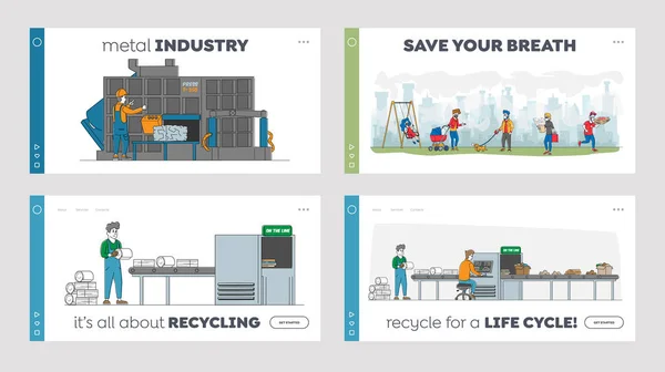 Recykling Żelaznych śmieci Landing Page Template Set. Workers Control Machine Pressing Używany złom, ReusePld Junk — Wektor stockowy