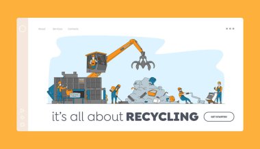 Scrapmetal Geri Dönüşüm Endüstrisi İniş Sayfa Şablonu. Karakterler Eski Metal Şeyleri ve Kırık Tekniği Getir ve Geri Döndür