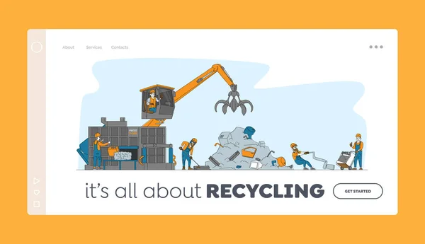 Szablon Scrapmetal Recycle Industry Landing Page. Postacie przynoszą i odzyskują stare metalowe rzeczy i zepsutą technikę — Wektor stockowy