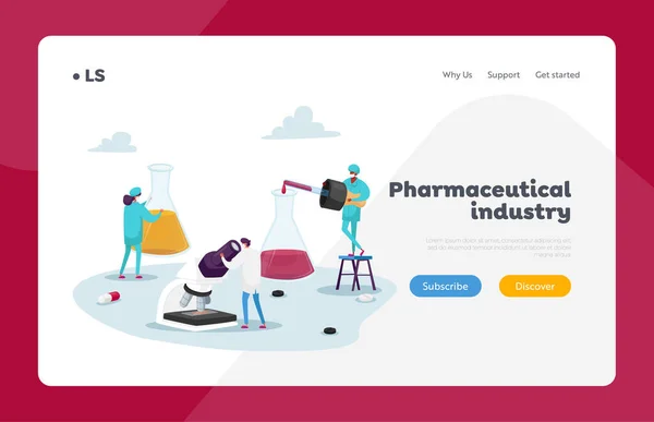 Chemists Create Remedy Landing Page Template. Pequeños personajes farmacéuticos se paran en enormes vasos de precipitados con medicamentos líquidos — Vector de stock