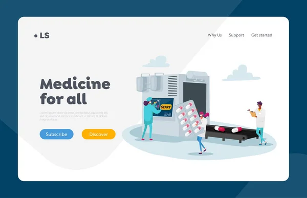 Pillole Produrre Industria, Farmacia, Sanità Landing Page Template. Cinghia trasportatore di controllo personaggi medico farmacista — Vettoriale Stock