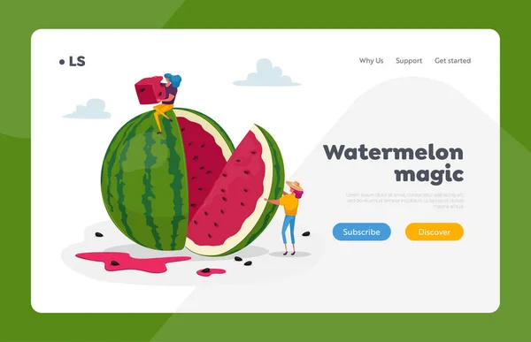 Women Slicing and Eating Melon Landing Page Template. Tiny Female Characters Enjoying Refreshing of Huge Ripe Watermelon — Stock Vector