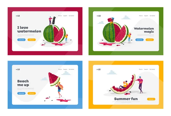 Kleine Charaktere genießen riesige Wassermelone Landing Page Template Set. Sommerzeit, Gruppe von Menschen, Familie und Freunden — Stockvektor