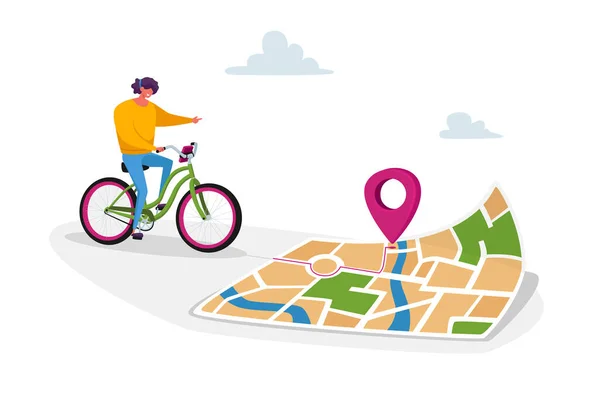Weiblicher Charakter Radfahren mit Karte Smartphone-Anwendung, um den richtigen Weg in der Großstadt zu finden. Geolokalisierung von Fahrradgps — Stockvektor
