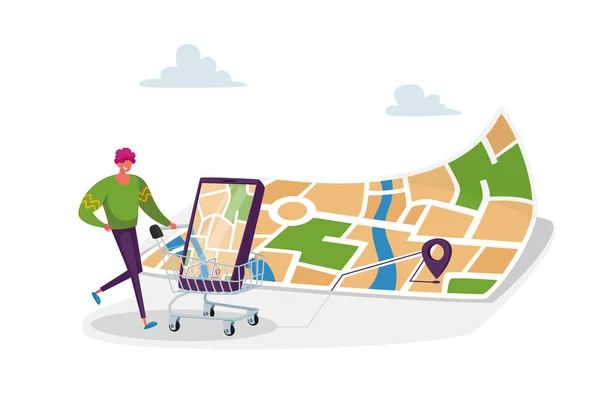 Geolocation Positionierung im Einzelhandelskonzept. Kleiner Mann mit Einkaufswagen kauft Waren von Liste auf Smartphone-Karte — Stockvektor