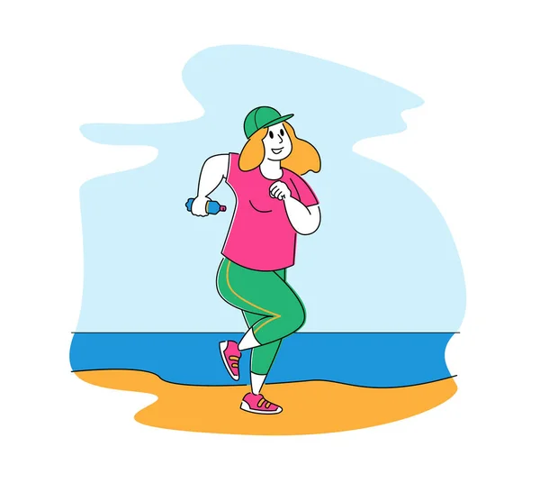 Chica gorda en el desgaste deportivo que corre en la playa, actividad de fitness en el fondo del paisaje marino. Aeróbicos Pilates Entrenamiento Entrenamiento — Vector de stock