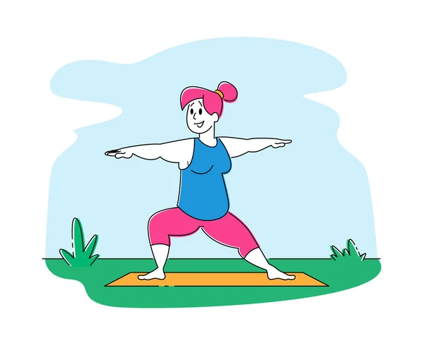 Chica Gorda en el Desgaste Deportivo Haciendo Fitness, Actividad de Yoga en Naturaleza Exterior Fondo. Mujer con sobrepeso Vida deportiva saludable — Archivo Imágenes Vectoriales