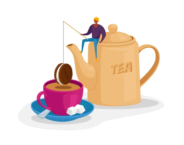 Apró férfi n karakter ül a hatalmas teáskanna tedd csokoládé cookie-t a rúd a hatalmas csésze tea, cukor kockák csészealj — Stock Vector