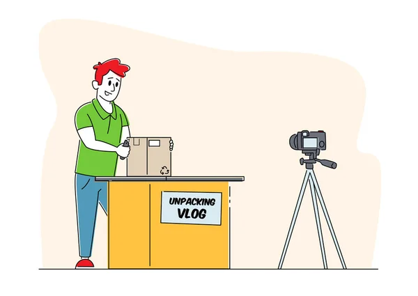 Online csomag kicsomagolás Vlog. Influencer Férfi Karakter Unboxing Vásárlás Videó internetes vásárlás Blog — Stock Vector