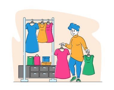Genç Artı Boyut Kadın Mağazadaki Moda Elbisesini Seçiyor. Şişko Kız Elbiseli Askı 'nın yanında dur Ellerinde Giysi Tut