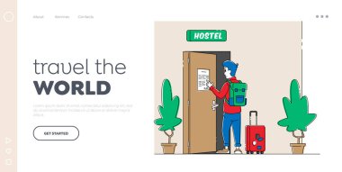 İniş Sayfası Şablonunda Konukseverlik Denetimi. Bagaj okuma yurdu kuralları olan bir turist. Gezgin Ucuz Misafirhaneye Taşı