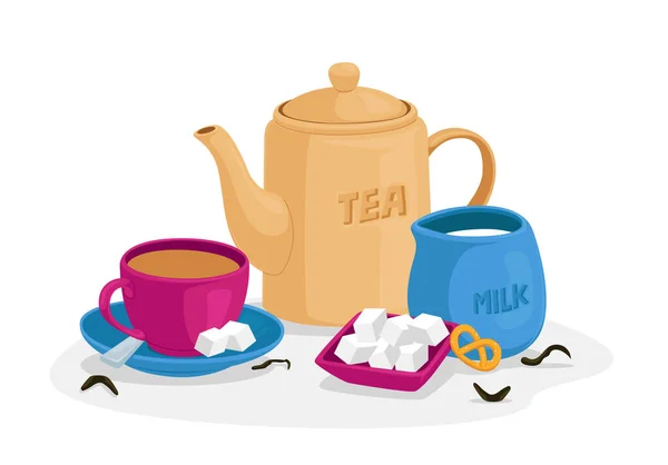 Koncept čajového pití s šálkem čaje, kostkami cukru a lžičkou na talíři, džbánem s mlékem, sladkou pekárnou a konvicí — Stockový vektor