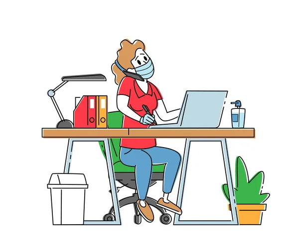 Kontorsarbetare eller Freelancer Girl Character i Medicinsk Mask Arbetar på laptop Sitter på arbetsplatsen Talar via mobiltelefon — Stock vektor