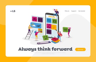 Tasarımcılar Mobil Uygulama İniş Şablonu Oluştur. Devasa Akıllı Telefon 'da Karakterler Çalışıyor Uygulama Simgelerini Ekrana Gönder