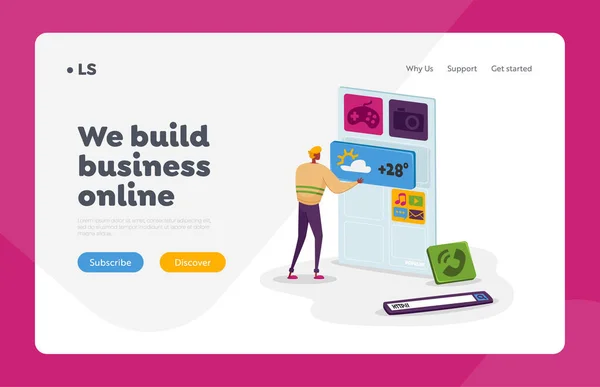 Web Ui Ux Layout Development Landing Page Template. Desarrollador, Programador Trabajando en la Creación de Nuevo Software para Móvil — Archivo Imágenes Vectoriales