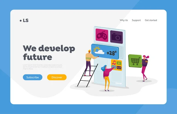 Ui Development Landing Page Template. Kleine Schriftzeichen bei Huge Mobile Phone Develop Application. Software-Prototyping — Stockvektor