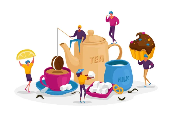 Gente bebiendo té, bebidas calientes. Pequeños personajes masculinos y femeninos en la enorme tetera, taza con bebida y jarra de leche — Vector de stock