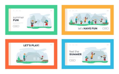 Mutlu Aile Yaz İniş Şablonu 'nda Suyla Oynuyor. Arka bahçedeki Islak Karakterler Oyuncak Silahlarla Atış