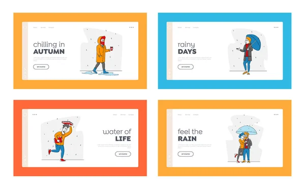 Mokrzy ludzie w Rainy Day Landing Page Template Set. Szczęśliwi przemoczeni Passerby znaków noszących płaszcze z parasolkami Spacer — Wektor stockowy