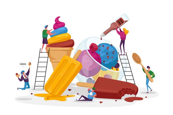 Drobné postavičky na žebřících zdobí zmrzlinu. Letní jídlo, lahodný sladký dezert, studené jídlo. Cartoon People — Stockový vektor