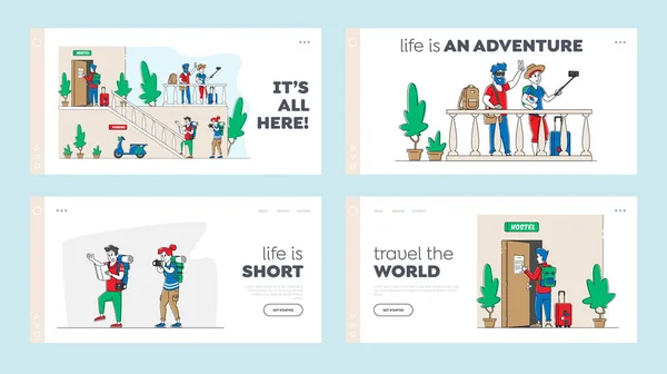 Personnes Enregistrement Hostel Landing Page Template Set. Les touristes se déplacent dans le motel pour rester la nuit, Logement Guesthouse — Image vectorielle