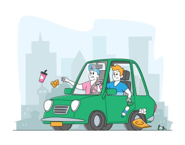 Cityscape Arkaplanındaki Araba Camına Çöp Atan Adamlar. Sokaklara Çöp Bırakan İnsanlar, Çevre Kirliliği