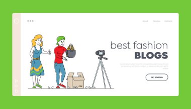 Yayın İniş Sayfası Şablonu Vlog 'lanıyor. Kız Video Vlog Karakterleri İnternet Toplumu İçin İnceleme Yapıyor