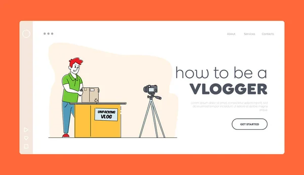 Paquete en línea Desembalaje Vlog Landing Page Template. Influencer Personaje Unboxing Comprar Grabación de vídeo para Internet — Vector de stock
