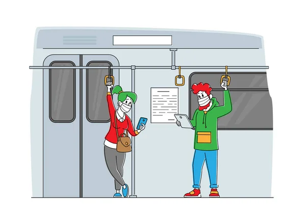 Personaggi maschili e femminili in maschere mediche in metropolitana metropolitana lettura messaggi su gadget in metropolitana treno Interno — Vettoriale Stock