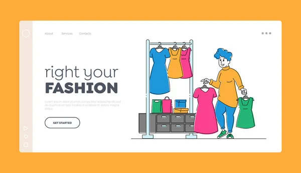 Feminino Shopaholic Personagem Compras Landing Page Template. Jovem Plus tamanho mulher escolher vestido moda na loja —  Vetores de Stock