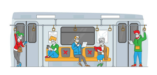 Люди в медицинских масках едут на метро на работу во время пандемии коронавируса. Пассажиры метрополитена