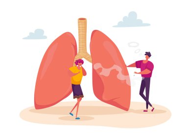 Female Character Coughing near Huge Lungs with Smoking Man, Pulmonology Asthma Disease, Respiratory System Health Care clipart
