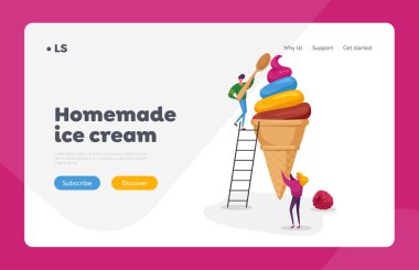 Icecream İniş Sayfa Şablonu 'na sahip insanlar. Waffle Cone Man on Eat with Spoon 'da Büyük Dondurma Tutan Kadın Karakteri