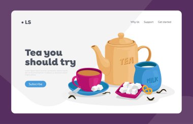Çay İçen İniş Sayfası Şablonu. Bir fincan çay, şeker ve kaşık çay, sütle sürahi, fırın ve çaydanlık. Sıcak içecek