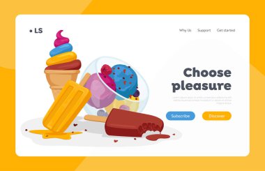 Dondurma İniş Sayfa Şablonu. Glass Cup 'ta Tatlı Tatlı Tatlı Tatlı, Dondurulmuş Meyveli Şeker, Dondurulmuş Meyve Topları