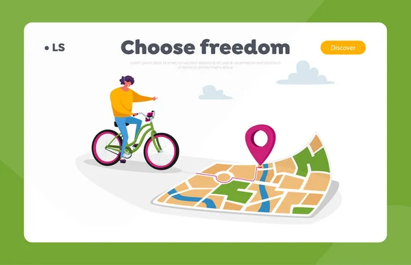 Gps Landing Page Template Female Character Riding Bike Use Map or Smartphone App to Find Correct Way in Big City — стоковий вектор