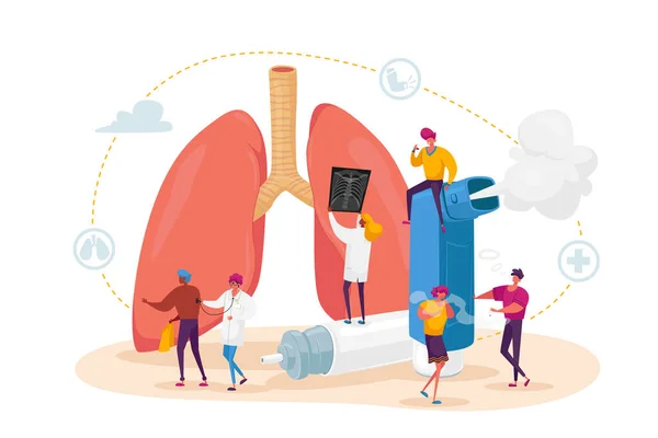 Neumología y Asma. Personajes minúsculos en los pulmones y el inhalador enormes, examen y tratamiento del sistema respiratorio — Archivo Imágenes Vectoriales