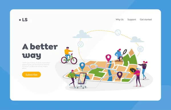 Шаблон Gps Navigation Landing Page Template. Крошечные персонажи на огромной карте местоположения, люди используют онлайн-приложение на смартфоне — стоковый вектор