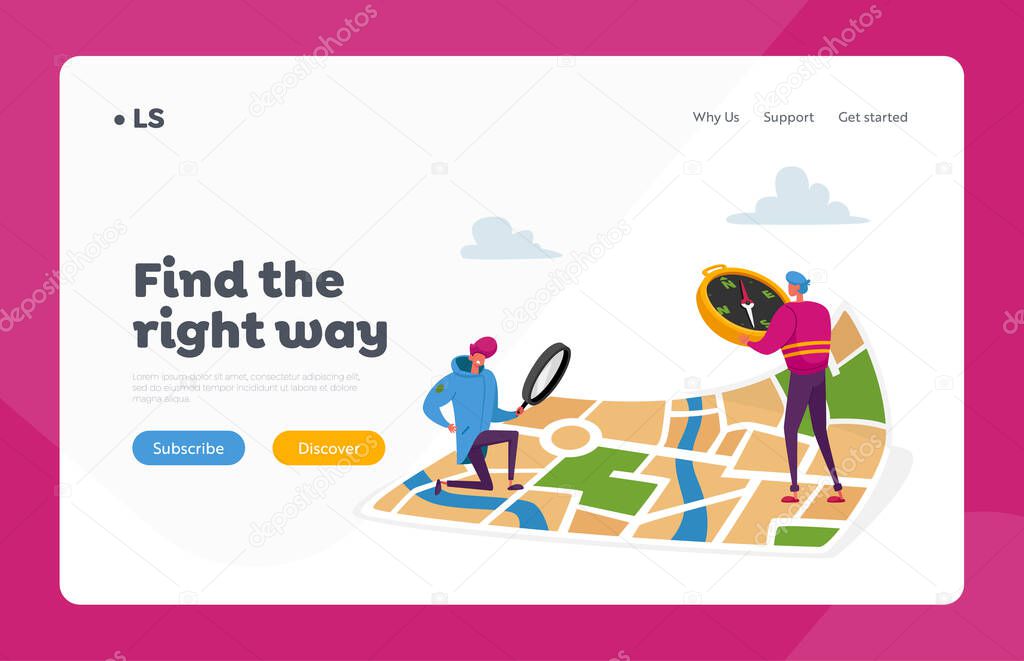 Tiny Characters Orienteering at Huge Map Landing Page Template. Men with Magnifier and Compass Searching Way in City