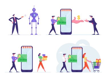 İş Karakterlerini Belirle Nakitsiz Ödeme ve Yapay Zeka Robotları ile Çalışma. Çevrimiçi Alışveriş