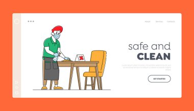 Coronavirus Pandemic Landing Page Şablonu 'nda Konukseverlik Servisi. Garson Karakteri Koruyucu Yüz Maskesi ve Eldiven Giyin